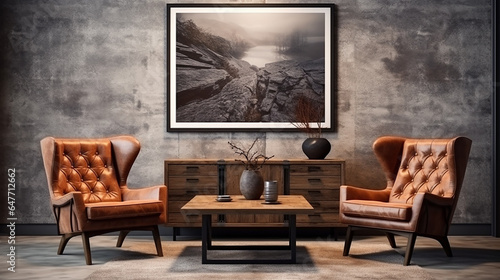 Poltrona perto da mesa de centro de madeira rústica. Design de interiores de sala de estar escandinava com molduras