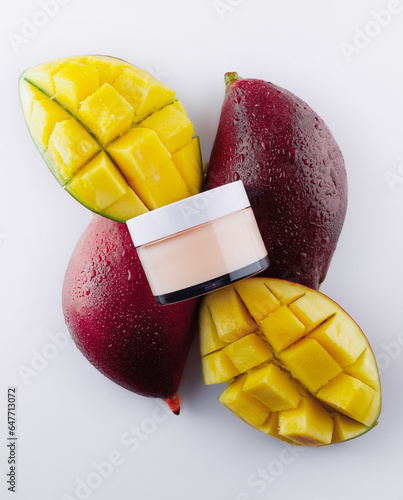 a jar of cream on mango fruit mockup template on a white background