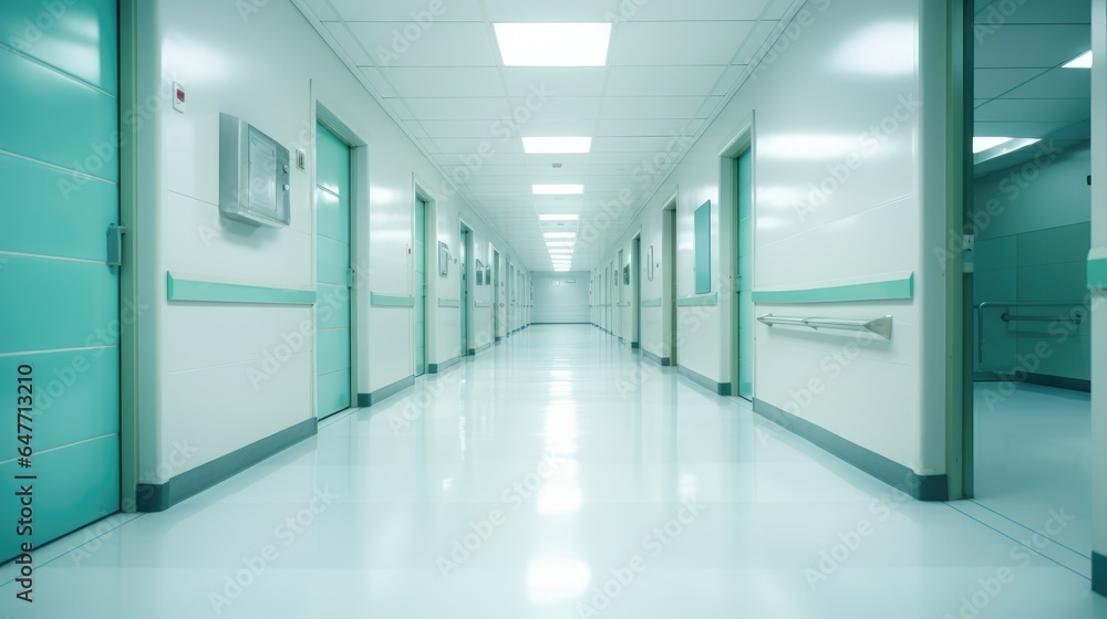 Hospital, empty corridor in shades of green.