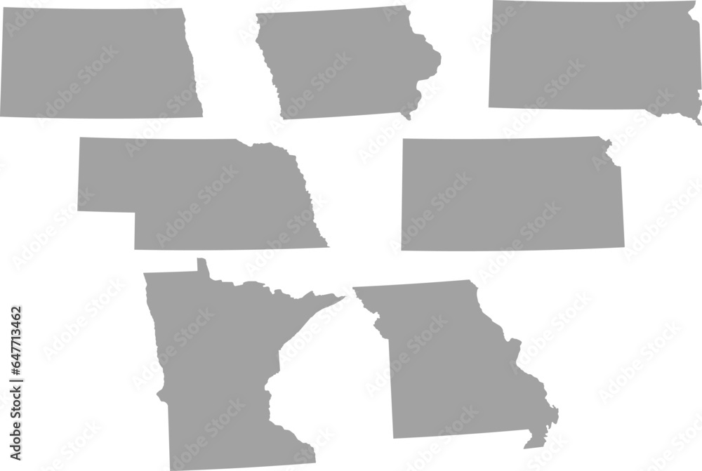 Gray Map of US federal states of West north central region of United states of America
