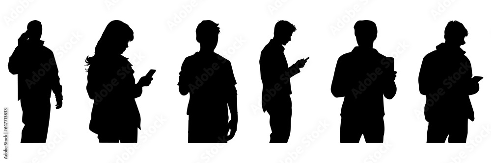 People with mobile phone silhouettes set, large pack of vector silhouette design, isolated white background