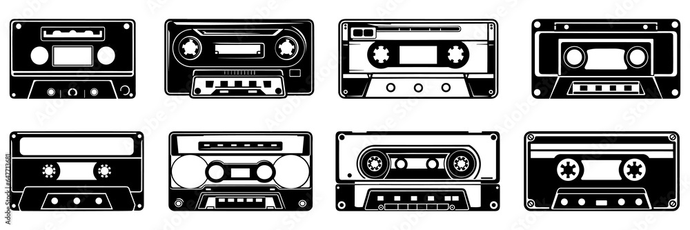 Obraz premium Retro vintage cassette silhouettes set, large pack of vector silhouette design, isolated white background