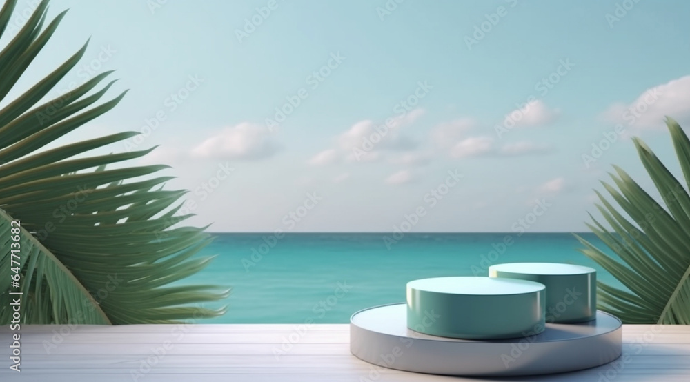Obraz premium Podium in a tropical style with an ocean on the background created with Generative AI technology.
