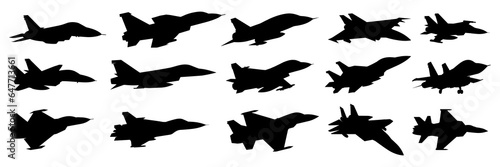 Jet fighter army plane silhouettes set, large pack of vector silhouette design, isolated white background photo