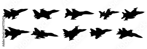 Jet fighter army plane silhouettes set, large pack of vector silhouette design, isolated white background
