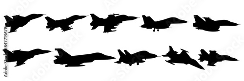 Jet fighter army plane silhouettes set, large pack of vector silhouette design, isolated white background