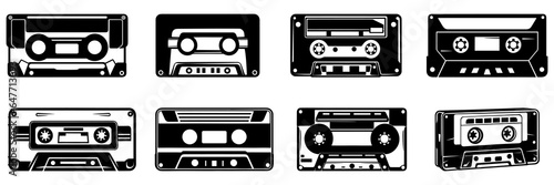 Retro vintage cassette silhouettes set, large pack of vector silhouette design, isolated white background