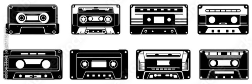 Retro vintage cassette silhouettes set  large pack of vector silhouette design  isolated white background