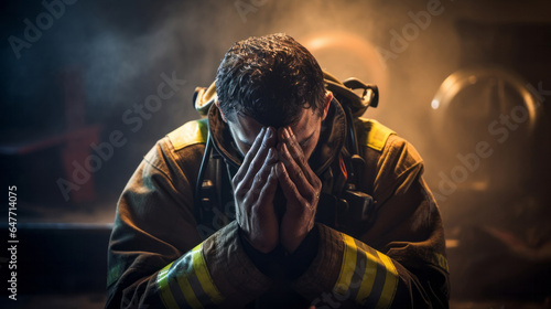 Firefighter praying. Safety, protection, faith and religion concept