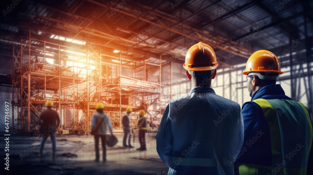 Industrial workers in safety vests and hard hats collaborating on a project. Generative AI Industrial workers in safety vests and hard hats collaborating on a project. Generative AI