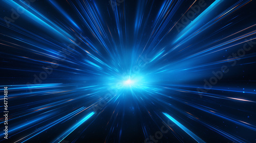Abstract blue glowing neon light beams with motion blur effect.