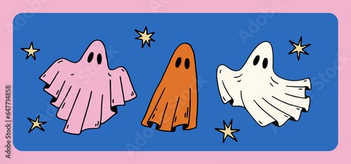 Hand drawn flying ghosts and stars. Cute vector ghost for Halloween design, posters and prints in retro groovy style. Trendy charming illustration. Trick or Treat art. Colored spooky characters
