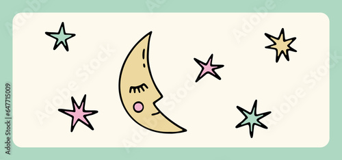 Hand drawn cartoon Halloween moon and stars. Cute vector elements for Halloween design  prints  poster. Charming festive illustration. Colored spooky elements. Flat art. Trick or Treat concept