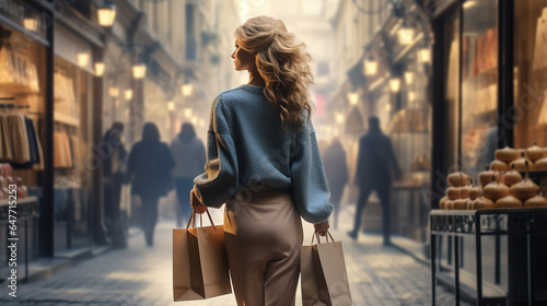 Mulher andando com sacolas de compras comprando roupas em lojas em uma rua de Paris, na França. senhora elegante com salto alto. por trás. perfeito para um anúncio photo