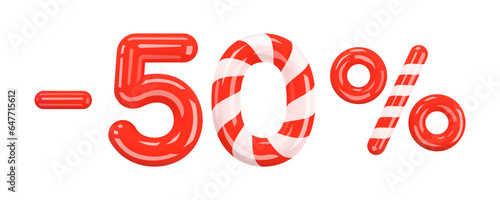 50 percent Off. Christmas Sale. Discount creative design of red and striped volumetric numbers and signs. Mega sale or ten percent bonus symbol on white. Sale banner and poster. 3d Vector