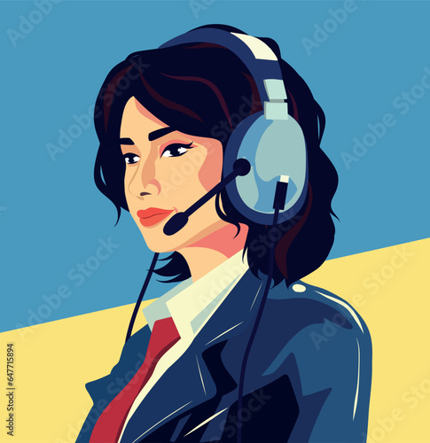 Character beautiful woman pilot, air traffic controller, operator, dispatcher in uniform with headset, vector illustration, avatar, banner, aviation concept