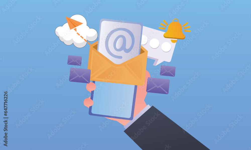 Hand holding a cell phone with text Smartphone notification form online test.on blue background.Vector Design Illustration. Hand holding a cell phone with text Smartphone notification form online test.on blue background.Vector Design Illustration.