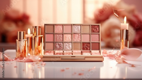 A makeup palette with pink and gold flowers. AI photo