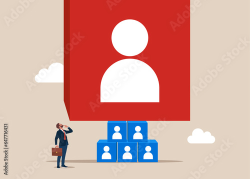 Entrepreneur thinking with big with employee recruitment and human resources management. Vector illustration