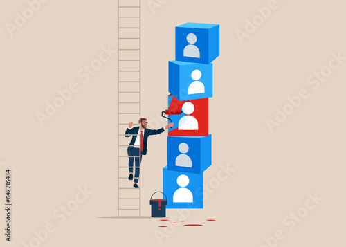 Businessman climb up ladder to paint a symbol cubes employee recruitment or customer. Flat modern vector illustration. 