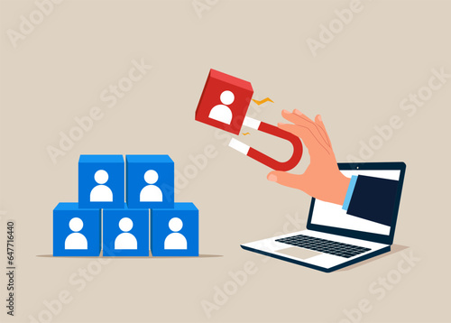 Using magnet to magnetize employee recruitment. Gravitational pull of the magnet. Flat vector illustration
