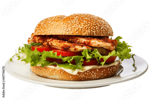 Yummy Grilled Chicken Burger Isolated on Transparent Background. Generative Ai