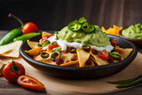  a mouthwatering and realistic illustration of a loaded plate of nachos, with melted cheese, jalapenos, guacamole, and other delicious toppings | Generative AI