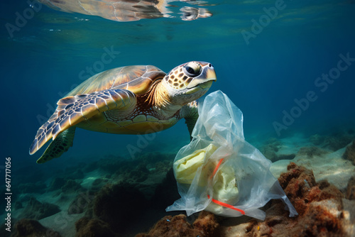 Impact of plastic pollution on sea turtles and ocean animal life. Environmental crisis. Plastic bag pollution in the ocean. Saving marine environments. Environmental problem in ocean. © Artinun
