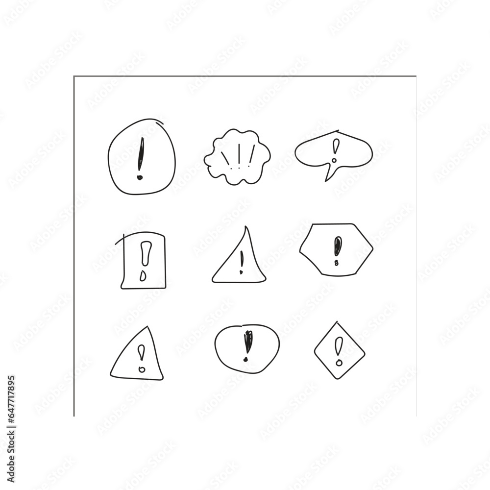 Hand-drawn exclamation mark, alert sign set. Scribble doodle exclamation point, warning, hazard sign. Hand-drawn sketch of the danger information sign. Vector illustration.