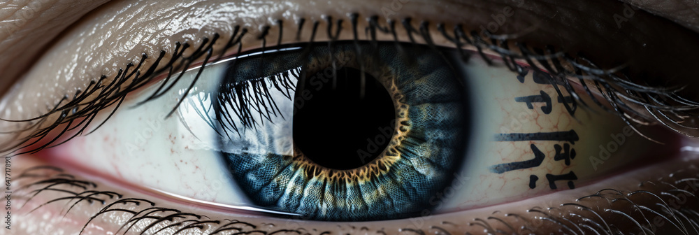 Close - up of the 'eye', magnified to reveal microprinting and anti - counterfeiting measures, dramatic lighting to highlight details - obrazy, fototapety, plakaty 