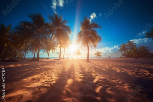 sky beach ocean sunrise island landscape palm sea sunset sun. Generative AI.