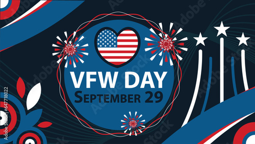 VFW DAY  vector banner design with geometric shapes and vibrant colors on a horizontal background. Happy VFW DAY modern minimal poster. photo