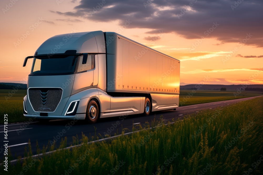 White futuristic electric semi-truck driving on an open highway with beautiful rural background White futuristic electric semi-truck driving on an open highway with beautiful rural background