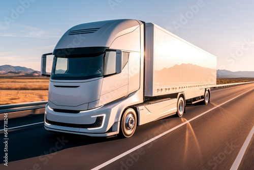 White futuristic electric semi-truck driving on an open highway with beautiful country background © graja