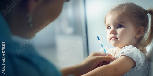 a child getting vaccinated  close - up on arm and syringe  healthcare professional in the background  trust and slight nervousness in child   s eyes