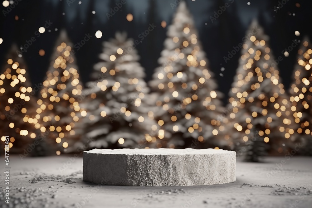 Modern Christmas dark backdrop with stone stand. Nature pedestal concrete, luxury showcase. Studio abstract, winter 3D render. generative ai.