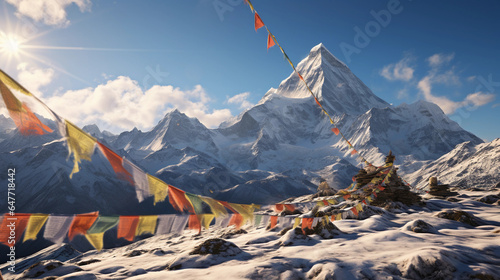 Buddhist prayer flags fluttering in the Himalayas, snow - capped mountains in the backdrop