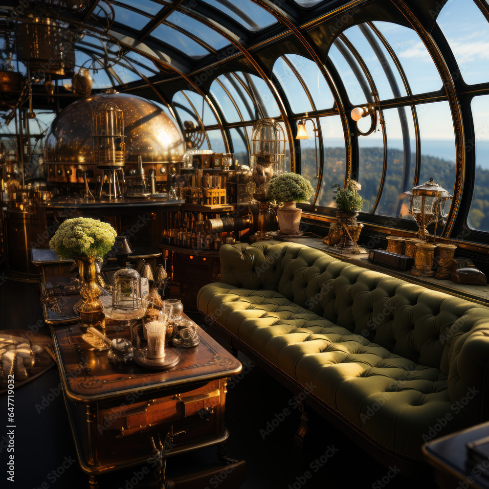 Naklejka premium A steam-powered dirigible lounge with a breathtaking 