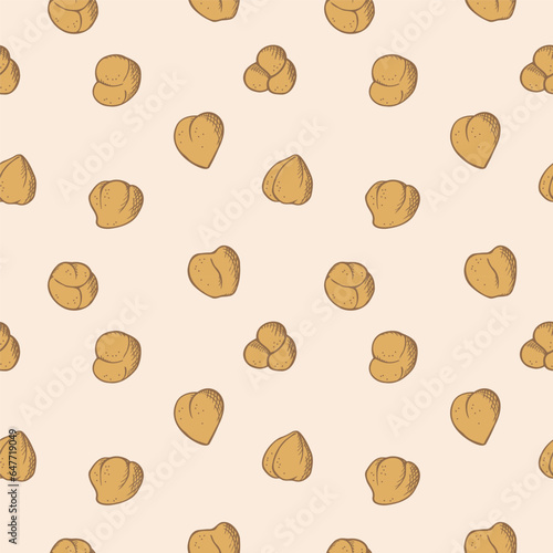 Chickpeas seamless pattern repeating background with legumes. Hand drawn chickpea, decorative vector ornament for packaging design, label, print, template, wrapping. Healthy food, protein, pea harvest