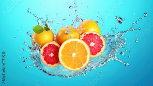 Refreshing water splash with citrus fruits on pastel background AI generated