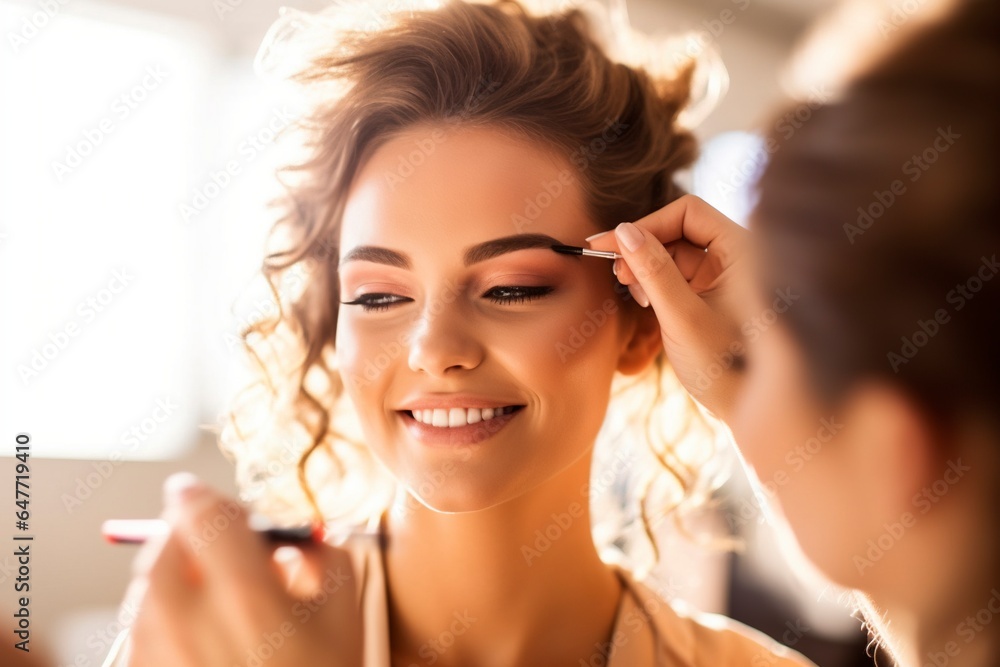A young and beautiful woman has her makeup done on her wedding day by a professional. A young and beautiful woman has her makeup done on her wedding day by a professional.