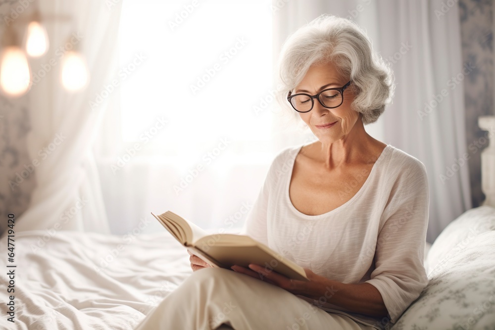 An elderly retiree, draped in a white dressing gown, enjoys a tranquil novel on her bed, a tale for mature minds An elderly retiree, draped in a white dressing gown, enjoys a tranquil novel on her bed, a tale for mature minds