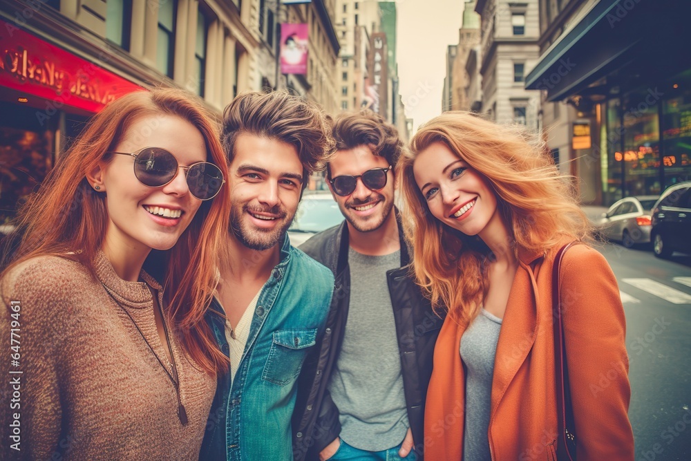 Group of friends, two girls and two couple girls, smile at the camera while having a good time in the city. Group of friends, two girls and two couple girls, smile at the camera while having a good time in the city.