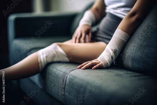 A woman with skin wounds, covered with bandages, recovers while resting on the couch.