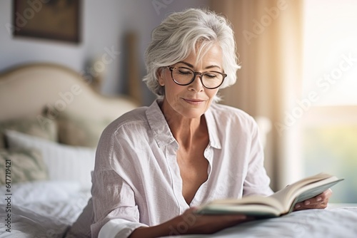 An older woman, retired and gray-haired, in a white dressing gown reads a quiet novel on her bed, a hobbit for older people.