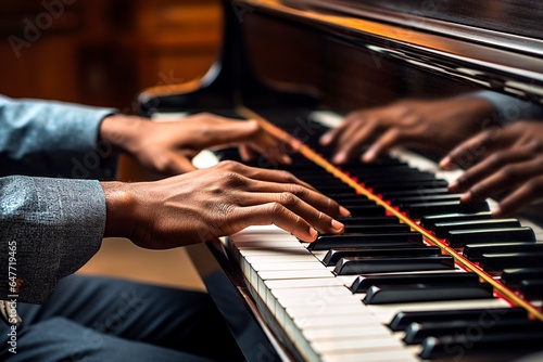 Hands of a black pianist, detail playing the keys of a piano.