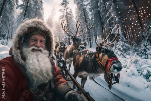 Selfie of Santa Claus with the reindeer in the snow, christmas