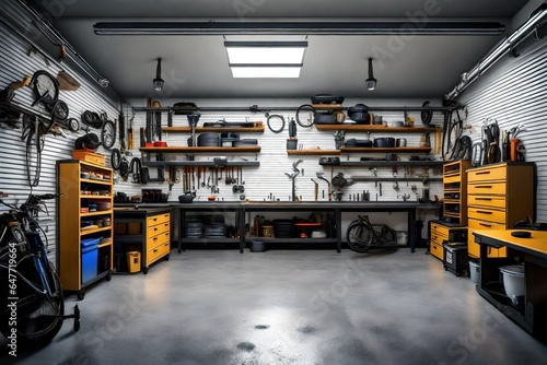 A symmetrical delight a?" a perfectly organized garage interior captured in high definition.