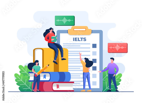 IELTS, International English Language Testing System, Students preparing for exam and studying to improve languages, English proficiency test flat illustration vector template