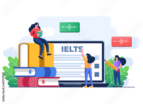 IELTS, International English Language Testing System, Students preparing for exam and studying to improve languages, English proficiency test flat illustration vector template photo